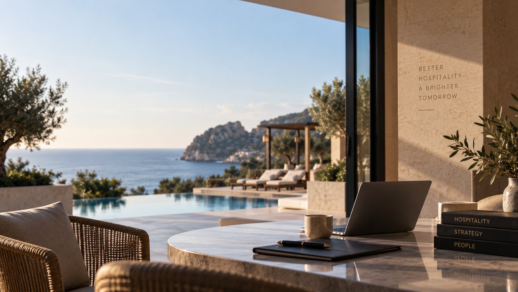 Area lounge a bordo piscina con vista mare, dettaglio parete BETTER HOSPITALITY A BRIGHTER TOMORROW